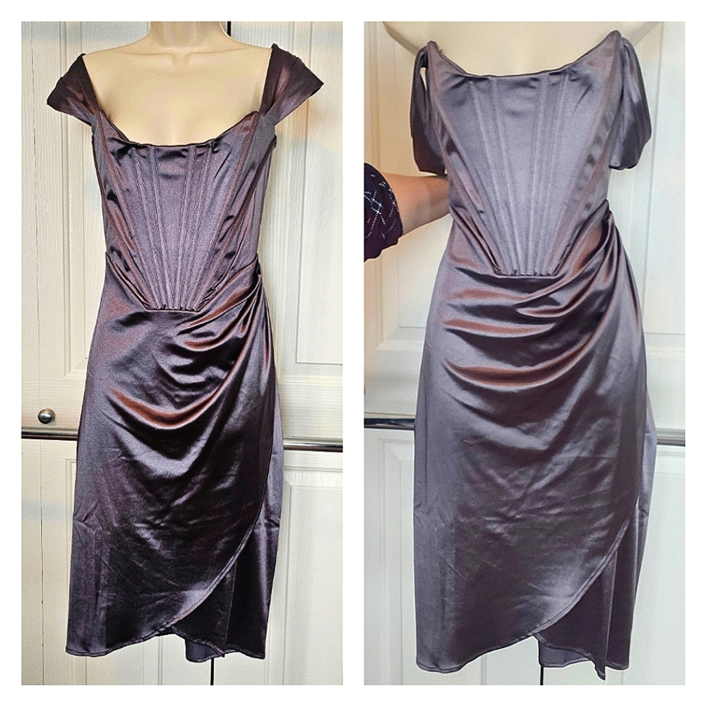 Le Chateau Cold-Shoulder Bustier Satin Mini Dress With Wrap Skirt Large